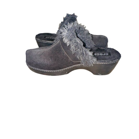 Crocs Shoes Womens 7 Cobbler Mule Clogs Black Suede Faux Fur Trim Wedge 11602 - Picture 8 of 10